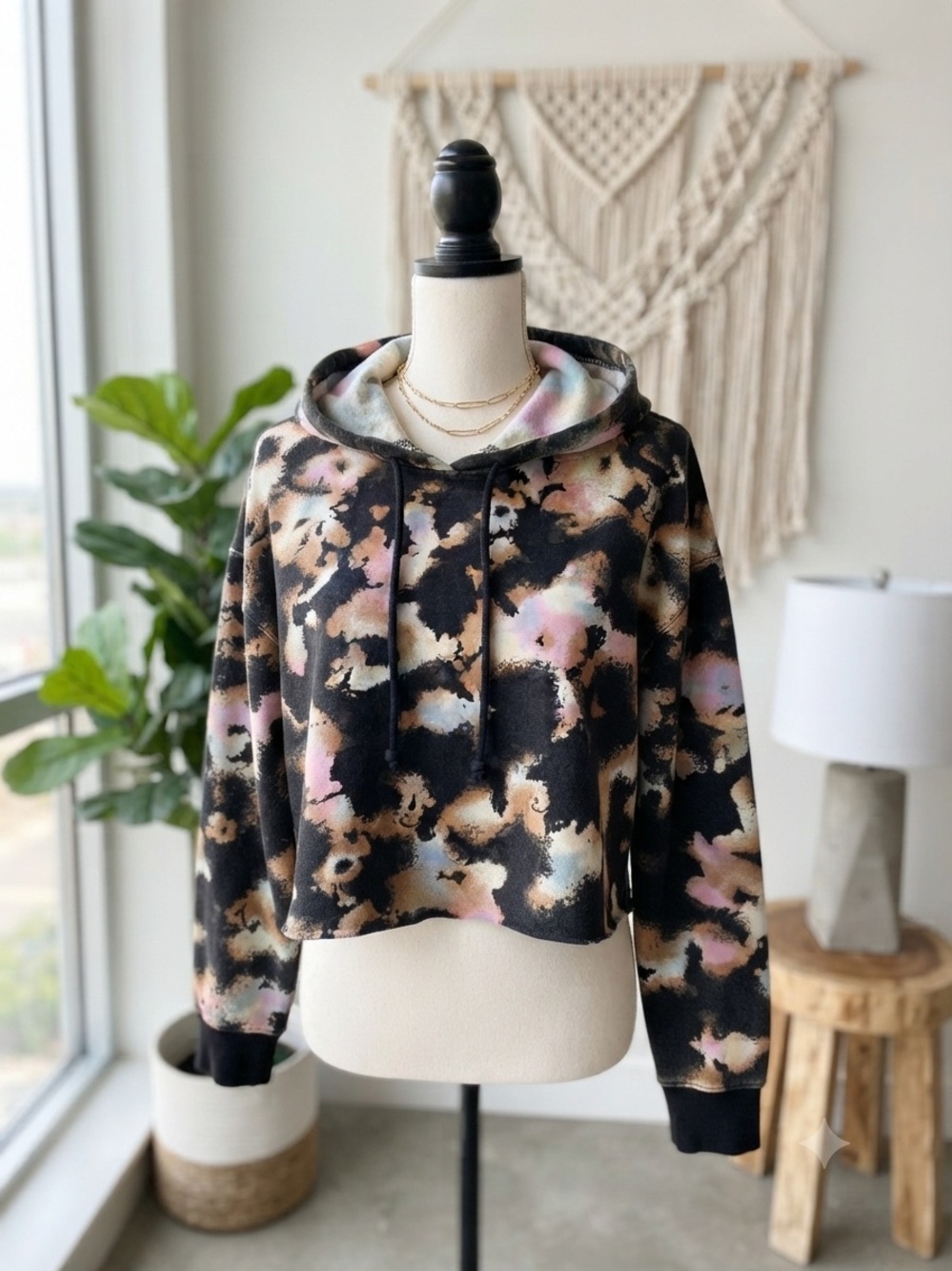 wild fable Black Multi-Color Tie-Dye Cropped Teddy Hoodie Junior XL